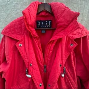OSSI Skiwear Vintage Women’s Red Ski Jacket Hidden Hood Dual Front Zip Snap Sz 8